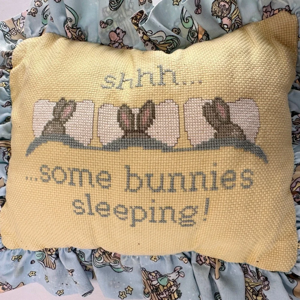 Vintage Handmade Cross Stitch Some Bunnies Sleeping Hanging Pillow‎ Cottagecore
